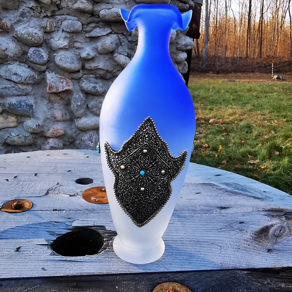 Vintage Blue Ombre Frosted Satin Art Glass Vase with Applied Metal Accents - Picture 9 of 17